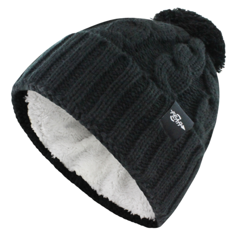 Varmeste plysjforede strikkelue med oppbrett og dusk for kvinner – vinterlue som holder deg god og varm.